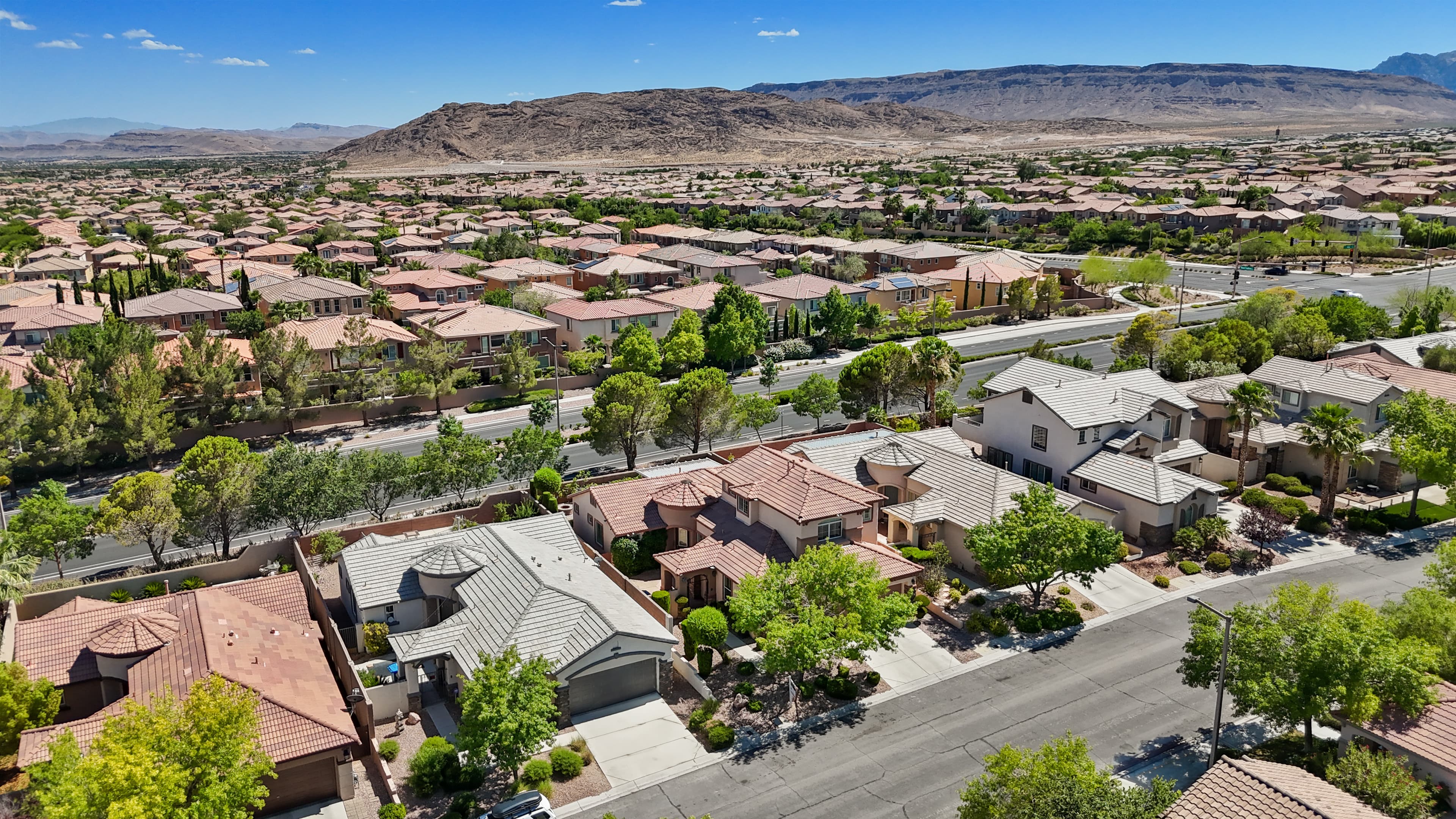 Aerial drone view of Craig Ranch homes and streets in North Las Vegas